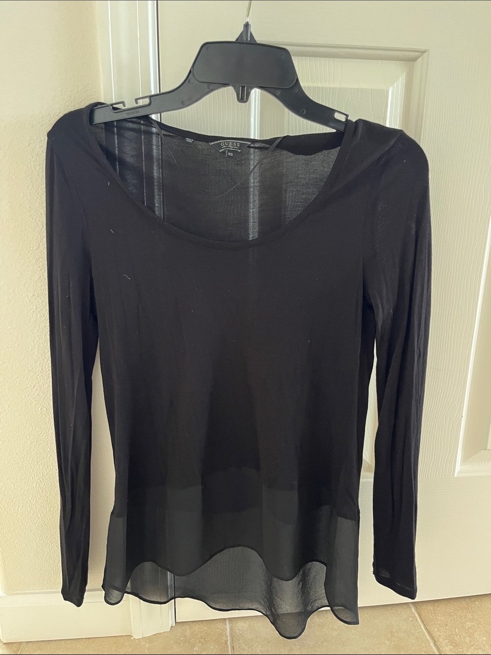 Guess Black Long Sleeve Scoop Neck Top with Sheer Scalloped Hem